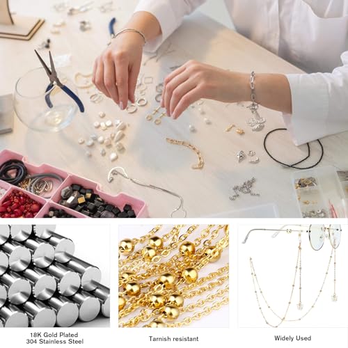 33 Feet Gold Satellite Bead Chains Roll, 2mm 18K Gold PVD Plated 304 Stainless Steel Ball Beaded Cable Link Chains Spool Bulk for Jewelry Making DIY Craft - color: Gold Big Beads Satellite Cable Chain