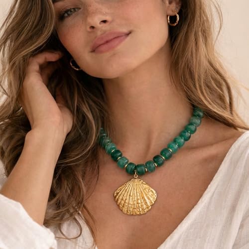 Chunky Beaded Starfish Shell Necklace for Women Colorful Boho Summer Chain Choker Beach Necklace with Acrylic Beads Trendy Chunky Jewelry Gifts - color: Green