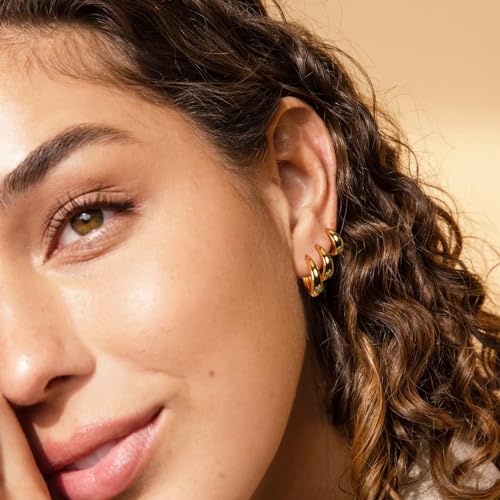 Poxtex Small Sterling Silver Huggie Hoop Earrings Set for Women, Hypoallergenic 14K Gold Plated Hoops Stacks for Multiple Piercings, Dainty Cute Mini Lightweight Cartilage Studs Trendy Jewelry Gift - color: Gold-chunky hoops 8 10 12