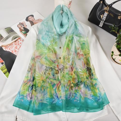 100% Mulberry Silk Women's Neck Silk Scarf-Lightweight Shawl,FLoral Print Beach Silk Wrap-Scarves for Photography - color: Lake Green