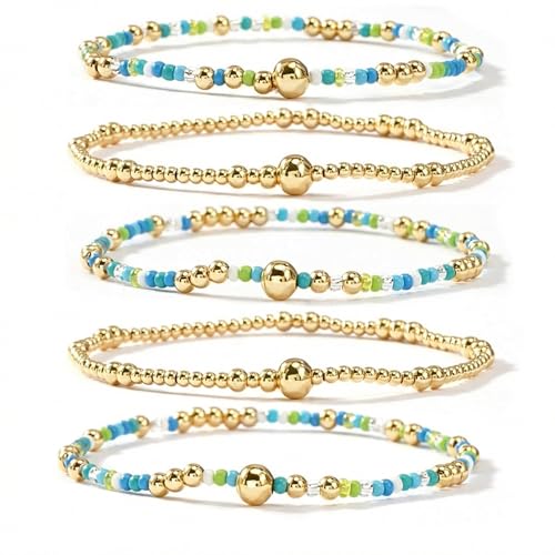 Gold Beaded Stackable Friendship Bracelets Set for Women, Handmade Boho Stretch Summer Jewelry Gift. - color: Gold Blue White Green