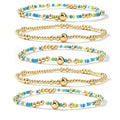 Gold Beaded Stackable Friendship Bracelets Set for Women, Handmade Boho Stretch Summer Jewelry Gift. - color: Gold Blue White Green