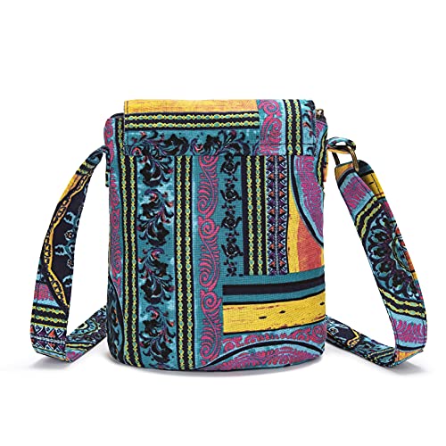 OPQRSTU Women's Retro Small Size Canvas Shoulder Bag Hippie Boho Crossbody Handbag - color: Green-purple