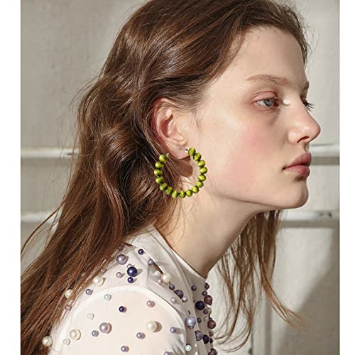 Handmade Nature Wooden Beaded Hoop Earrings Bohemian Minimalist Colorful Circle Round Wood Bead Earrings Vintage Chic Wooden Ethnic Dangle Drop Earrings for Women Statement Jewelry Gifts - color: Olive green