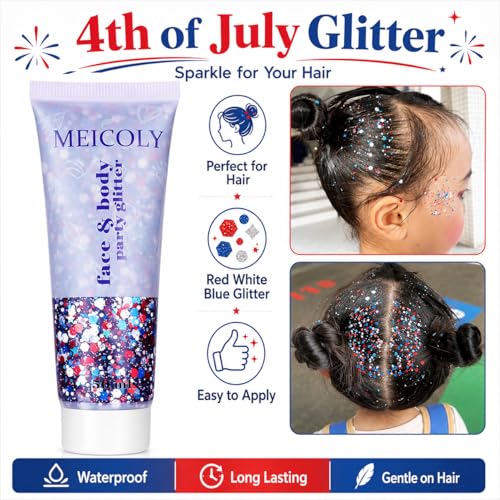 MEICOLY 250th Red White and Blue Patriotic Face Glitter,Fourth of July Star Hair Glitter,4th of July Outfits for Women,USA Flag Body Glitter for Independence Day Veterans Day - color: Glory Red White Blue