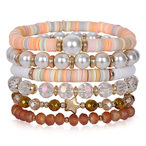 Colorful Heishi Surfer Bracelets Set for Women Stackable Clay Beaded Bracelets Disc Stretch Preppy Bracelets Smiley Face Friendship Bracelets Team Cheer Bulk Boho Summer Beach Jewelry Gift - color: Pearl Beads
