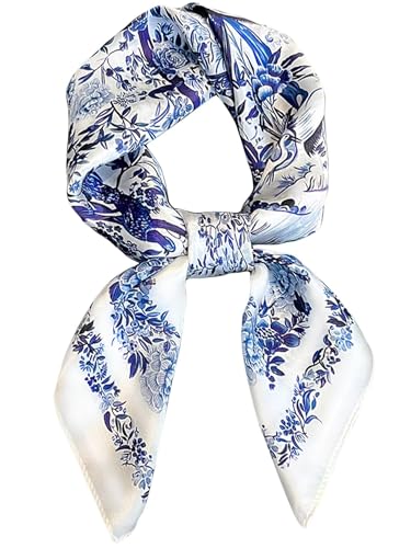 Silky Scarf for Women Lightweight Satin Bandanas Neck Hair Wrap For Sleeping Head Scarves 27.5" - color: A19 Beige Blue Pattern/27.5"
