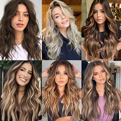 Blonde Hair Extensions Long Wavy 20 Inch 4pcs Clip in Synthetic Hair Extensions for Women Double Weft Extensions (Ombre Ash Brown to Bleach Blonde, 8AH613#) - color: 8AH613-Ombre Ash Brown to Bleach Blonde