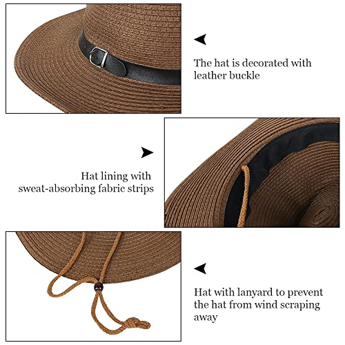 Wide Brim Straw Cowboy Hat for Men Women Western Cowgirl Sun Hat Packable UPF 50+ Beach Cap Shapeable Fedora Panama Cap - color: Coffee