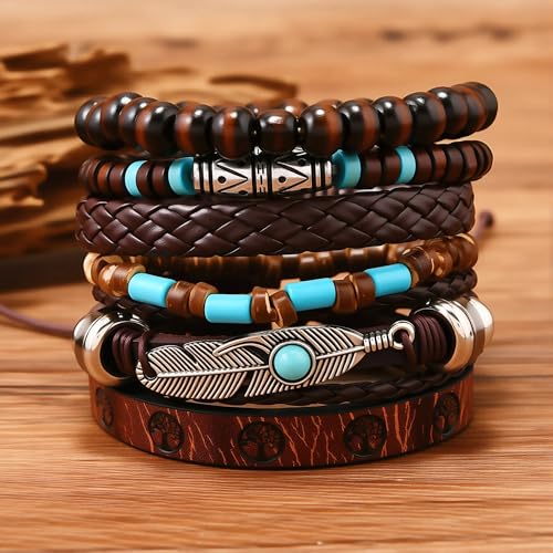 Turquoise Leather Western Bracelets for Women Men Bohemian Retro Turquoise Wrap Bracelets Exquisite Layered Stacked Cowboy Cowgirl Bracelet Western Country Concert Outfits Leather Cuff Bracelet for Women - style: Feather