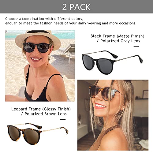 SUNGAIT Premium Vintage Round Sunglasses for Women Men Classic Retro Trendy Style - color: 2 Pack (Polarized): Matte Black/Gray+glossy Leopard/Brown