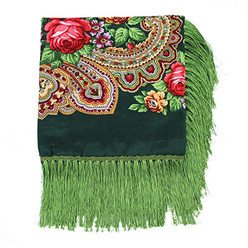 Gudessly Women's Traditional Scarf Wrap Tassel Fringes Neck Head Shawl Retro Scarf Floral Poncho Printing Square Cape 50inch - color: Dark Green