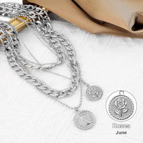 MJartoria Gold Layered Necklaces for Women Trendy Retro Birthflower Coin Pendant Necklace Dainty Chunky Chain Choker Necklaces for Jewelry Birthday Gifts - color: Silvery, style: June Birthflower-Rose