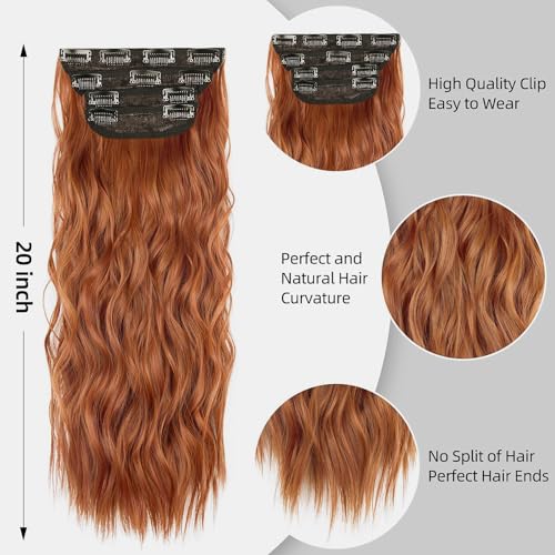 Copper Red Curly Clip In Hair Extensions for Women Synthetic Clip in Long Wavy Extension 20 Inch Double Weft 4PCS Hairpieces Full Head for Women Costume Party Valentine's Day - color: COPPER RED 01