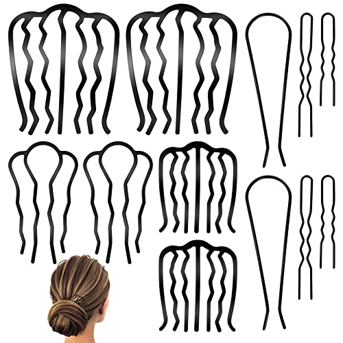 12 Pcs Hair Side Combs, Hair Fork Clips, Pins, French Twist Updo Accessories, U-Shape Teeth Styling Tool for Vintage Hairstyle Women Girls Bun - Black