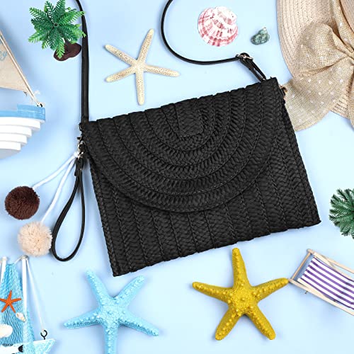 Frienda Straw Purses for Women Straw Clutch Crossbody Bag Summer Beach Shoulder Bag Woven Envelope Wallet Handbags - color: Black