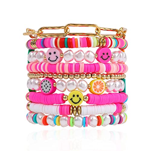 Colorful Heishi Surfer Bracelets Set for Women Stackable Clay Beaded Bracelets Disc Stretch Preppy Bracelets Smiley Face Friendship Bracelets Team Cheer Bulk Boho Summer Beach Jewelry Gift - color: Pink Preppy Beads
