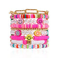 Colorful Heishi Surfer Bracelets Set for Women Stackable Clay Beaded Bracelets Disc Stretch Preppy Bracelets Smiley Face Friendship Bracelets Team Cheer Bulk Boho Summer Beach Jewelry Gift - color: Pink Preppy Beads