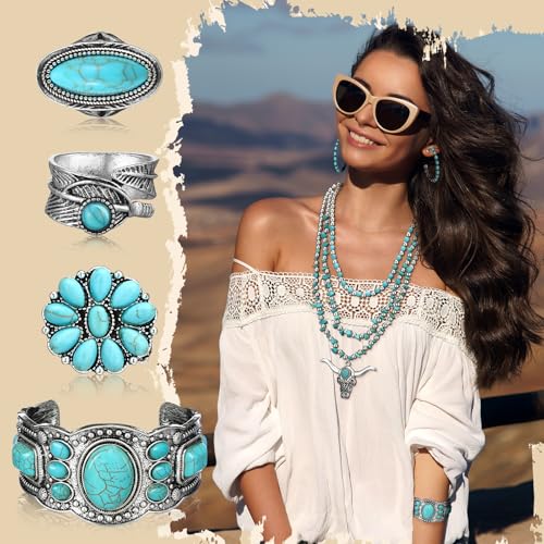 Ecally Bohemian Western Jewelry Turquoise Set Women Country Pendant Long Choker Layered Bracelets Earrings Ring for Women - color: Turquoise, style: Graceful