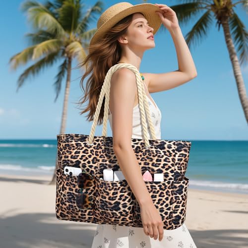 Becokan Beach Bags for Women Canvas Large Beach Tote Bag Zipper Waterproof Sandproof Foldable Swim Pool Bag with 7 Pockets - color: Leopard