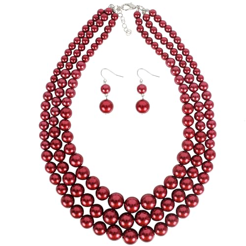 Fuqimanman2020 Chunky Large Simulated Pearl Choker Necklace Drop Dangle Earrings Crystal Bib Big Round Beaded Strand Multicolor Costume Statement Wedding Jewelry Set for Women Brides - color: Wine Red Set