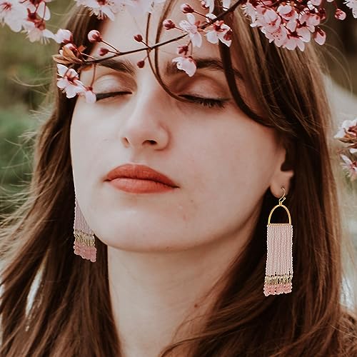 Bohemia Beaded Dangle Earrings - Handmade Seed Bead Earrings, Statement Beaded Tassel Earrings for Women - color: Light Pink