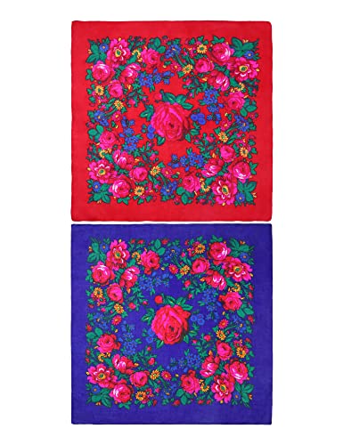 MJ SERECA Acrylic Bandana Printed Hair Scarf Square Ukrainian Head Scarf Floral Babushka Neck Scarf for Women 30"/42"/60" - color: 2 Pack-d 42"