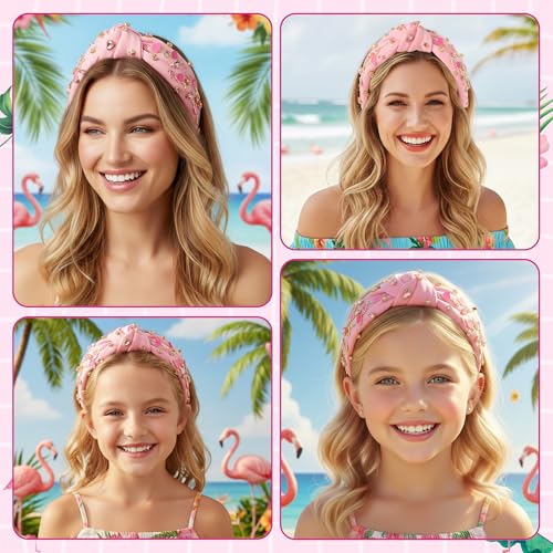PANTIDE Flamingo Jeweled Knotted Headband - Summer Flamingo Rhinestone Embellished Headband Non Slip Wide Top Knot Hairband Hair Accessories Hawaii Beach Pool Party Birthday Gift for Women Girl (Pink) - color: Pink Flamingo