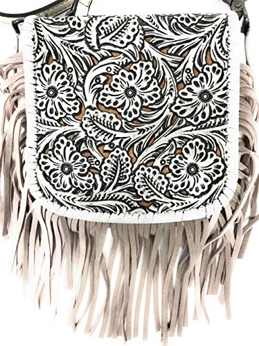 Western Genuine Leather Floral Tooled Fringe Womens Crossbody Bag 3 Color - color: Beige/White
