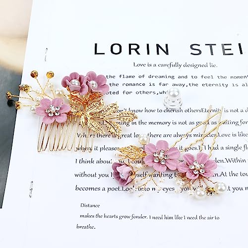 inSowni 20 Pack Classic White Dusty Pink Blue Flower Bridal Wedding Hair Side Combs+U-shaped Flower Hair Pins+Twist Spiral Pearl Hair Pins Pieces Headpieces Accessories for Brides Bridesmaids Women Girls (Purple) - color: Purple