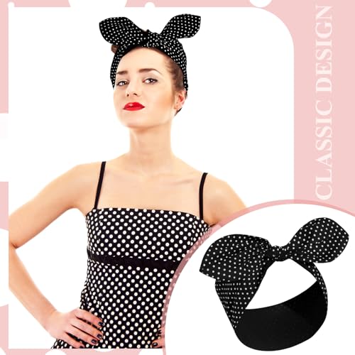 Hicarer 2 Pieces Polka Dot Headband Bandana Headband 50s Costume Hair Accessories Bows Wide Head Wrap for Women(Black, White,Small Dots) - color: Black, White, style: Small Dots