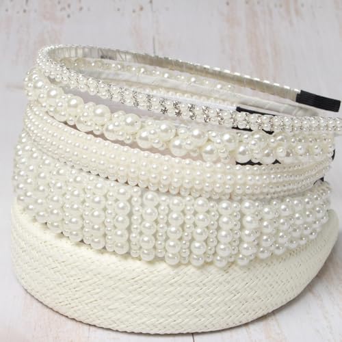 Cuizhiyu Pearl Headbands for Women Girls Wide Padded Straw Headband Cute White Pearl Dainty Headbands Bling Wedding Hairbands Hair Accessories Pack of 5 (Color B) - color: Color B