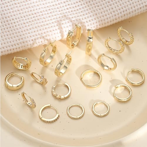 9 Pairs Small Gold/Silver Hoop Huggie Earrings Set for Women, 14K Gold Plated Chunky Hoop Small Earring Hypoallergenic Thick Open Lightweight Chunky Hoop Earrings Jewelry for Gifts - color: gold-2