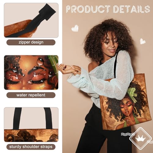 African American Women Tote Bag Black Shoulder Handbag For Women Fit Work Beach Labtops With Zip - color: Black Women 4