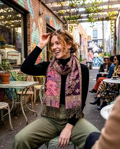 Achillea Elegant Paisley Floral Pashmina Shawl and Wrap – Boho Rave Scarf for Festival, Travel & Everyday Wear - color: Black Rose Pink