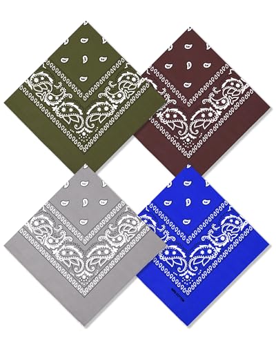 Bycc Bynn Large 27" x 27" 100% Cotton Bandanas - Set of 4 - color: Royal Blue+gray+brown+army Green