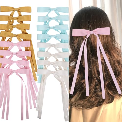 WORTL Hair Bows Clips Coquette Ribbon Bowknot with Long Tail Princess Hair Bows French Barrettes Hair Accessories for Women Girls 16PCS (Pink, Yellow, Cream, Aquamarine) - color: Pink, Yellow, Cream, Aquamarine