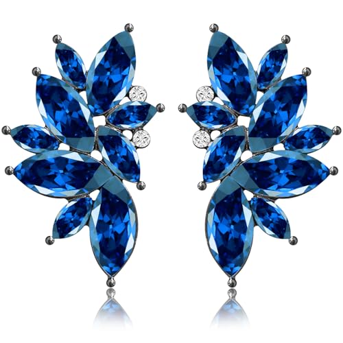 Bohemian Statement Sparkly Colourful Fancy Rhinestone Crystal Flower Dangle Drop Stud Earrings Vintage Wedding Bridal Prom Earrings for Women - color: Navy