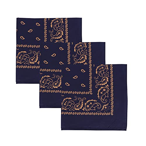 Motique Accessories Set of 3 Paisley Bandanas – 100% Cotton 22 Inch Head Scarf Neck Bandana Face Cover - color: Navy Gold