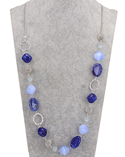 BULINLIN Beaded Long Necklace for Women Silver Sweater Chain Necklace with Crystal Resin Beads, Fashion Jewelry Necklace - color: 53-Dark light blue