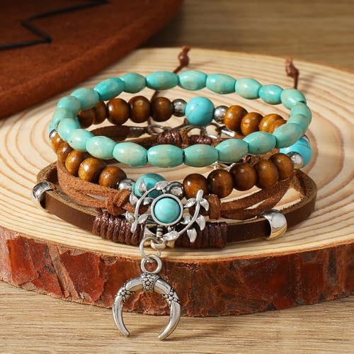 Western Turquoise Beaded Bracelet Stack - Vintage Cowgirl Stretch Set with Bull Skull, Feather & Boot Charms, Handmade Boho Jewelry for Rodeo, Country Concerts & Casual Western Outfits - style: Leaf