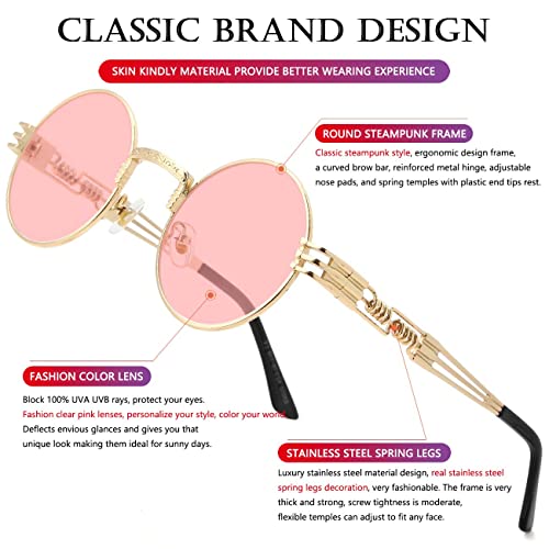 AIEYEZO Round Steampunk Sunglasses for Men Women Retro Circle Hippie Glasses Metal Frame 100% UV Blocking Lens - color: Gold/Clear Pink