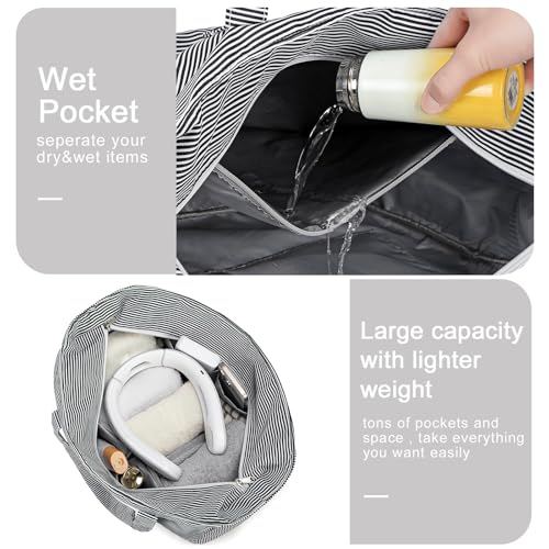 Bluboon Waterproof Beach Tote Pool Bags for Women Ladies Extra Large Carry On Bag With Wet Compartment for Weekender Travel - color: Black White Fine Stripes