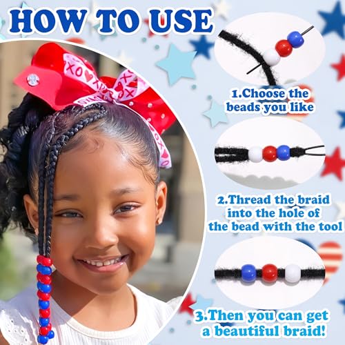 NAISKA 114PCS 4th of July Beads for Hair Blue Red Hair Beads Patriotic Bead Sets 12 Styles Loc Bead 250th Anniversary Independence Day Hair Accessories for Kids Girls - color: Blue&Red&White