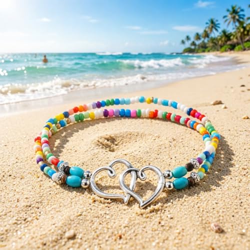 Ankle Bracelets for Women Waterproof Elastic Heart Anklet Stretchy Ankle Bracelets Colorful Beaded Anklets Boho Ankle Bracelets Silver Beach Anklet Jewelry Accessories for Summer - color: Silver Rainbow Anklets