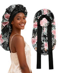 AWAYTR Long Satin Bonnet for Braids - Elastic Silk Hair Bonnets for Sleeping Night Cap Stretchy Tie Band for Women（Flower B） - color: Flower B