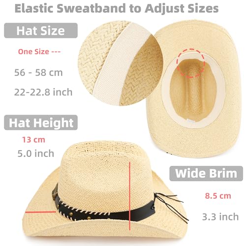 Straw Cowboy Hat, Western Cowgirl Hat, Wide Brim Sun Beach Hat for Men and Women - color: Beige-m21