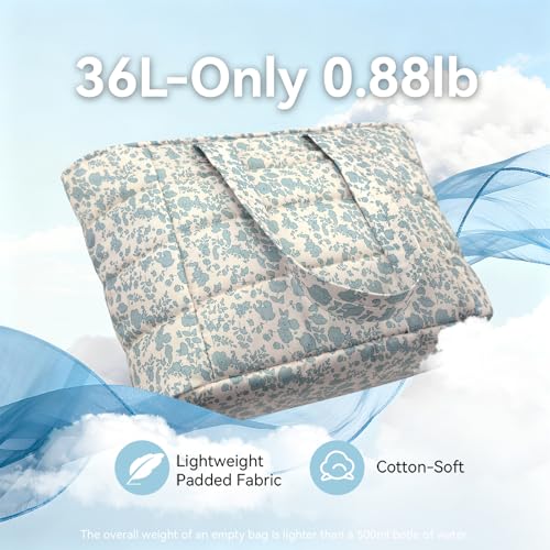 Puffer Tote Bag with Pouch, Women's Lightweight Quilted Shoulder Bag, 15.6"/17.3 Laptop Travel Weekender for Work & Nurses - color: Blue Flower, size: Large