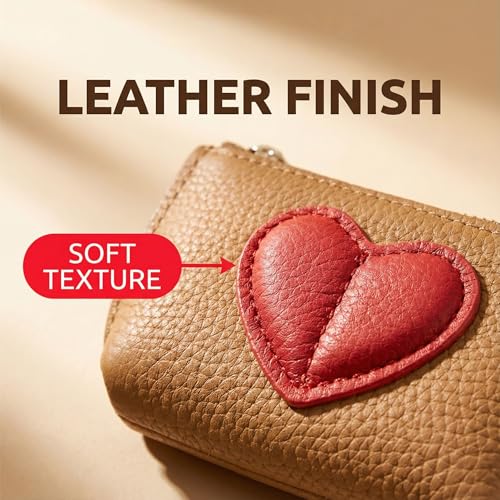 Red Heart Design Small Coin Purse - Cute Compact Keychain Change Purse Soft Leather Wallet with Zipper for Women (Brown) - color: Brown