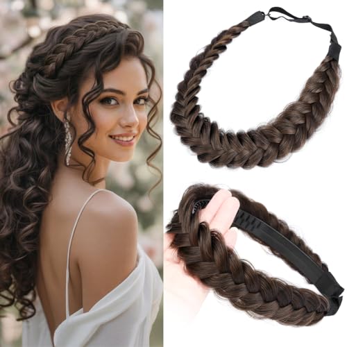 2PCs Braided Headband with teeth Handmade Messy Wide Synthetic Hair Elastic Stretch Fluffy Hairpiece for Brides (Copper Brown) - color: Copper Brown